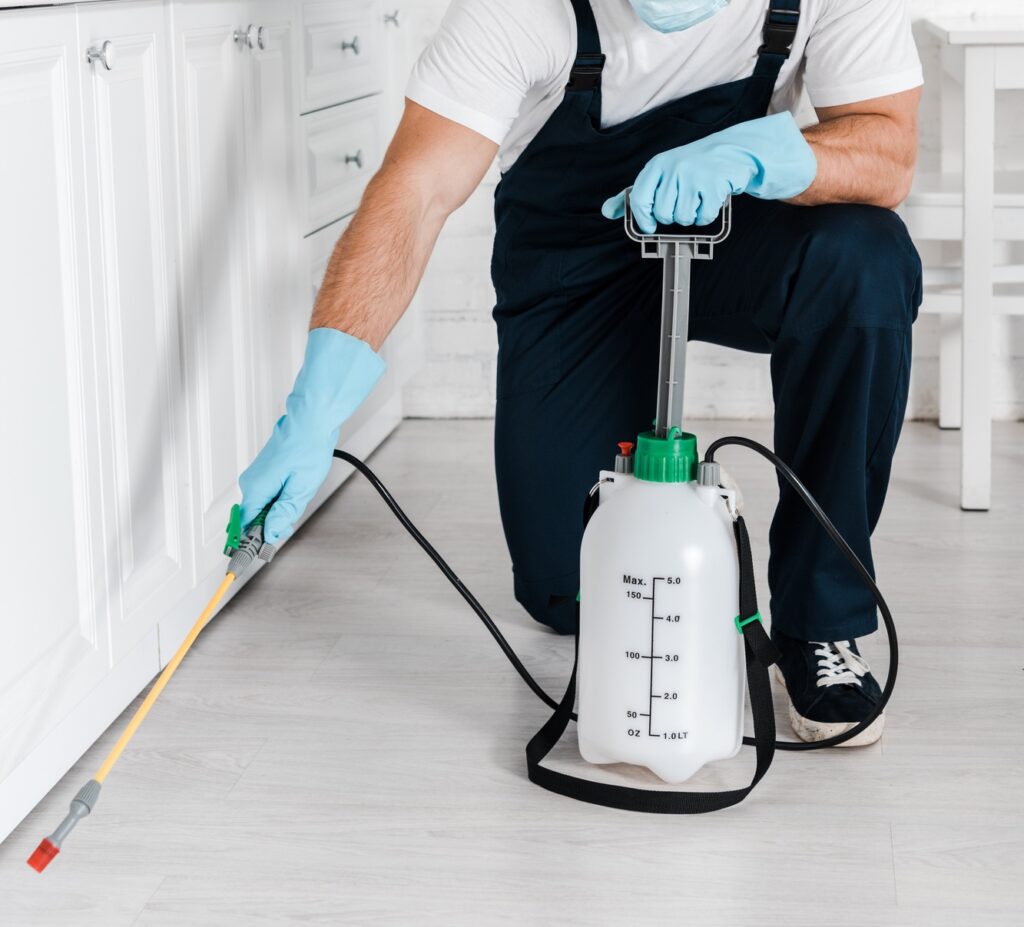 exterminator in protective mask holding toxic spray near kitchen cabinet